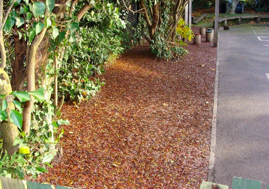 Brown and red JungleMulch Rubber mulch underneath tree and vegetation growth at the side of a pathway